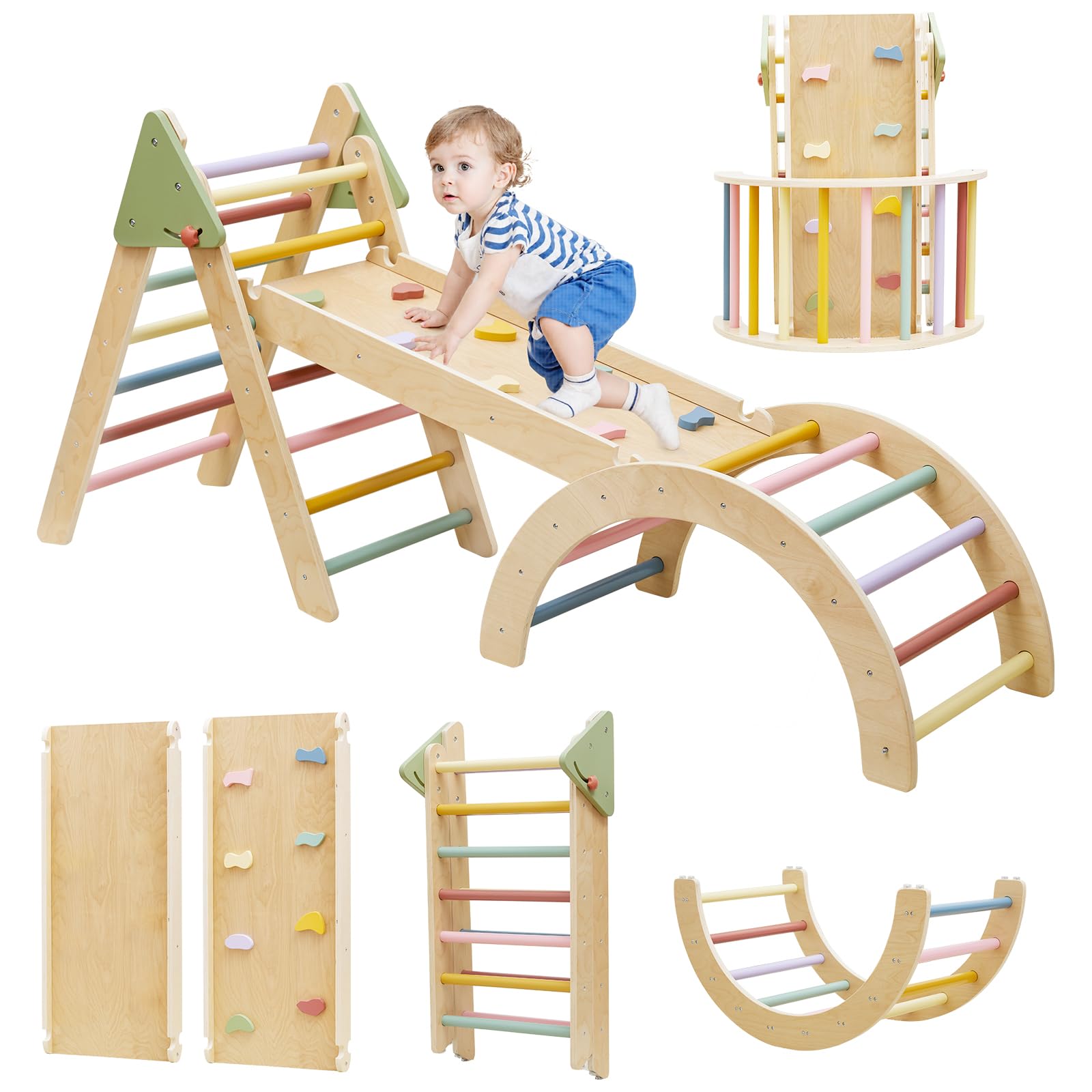 Foldable Pikler Triangle Climbing Set Wooden 7 in 1 Montessori Climber Toys for Toddlers 1-3 Baby Jungle Gym Indoor Slide Playgr