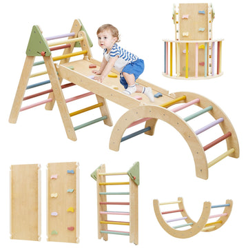 Foldable Pikler Triangle Climbing Set Wooden 7 in 1 Montessori Climber Toys for Toddlers 1-3 Baby Jungle Gym Indoor Slide Playgr
