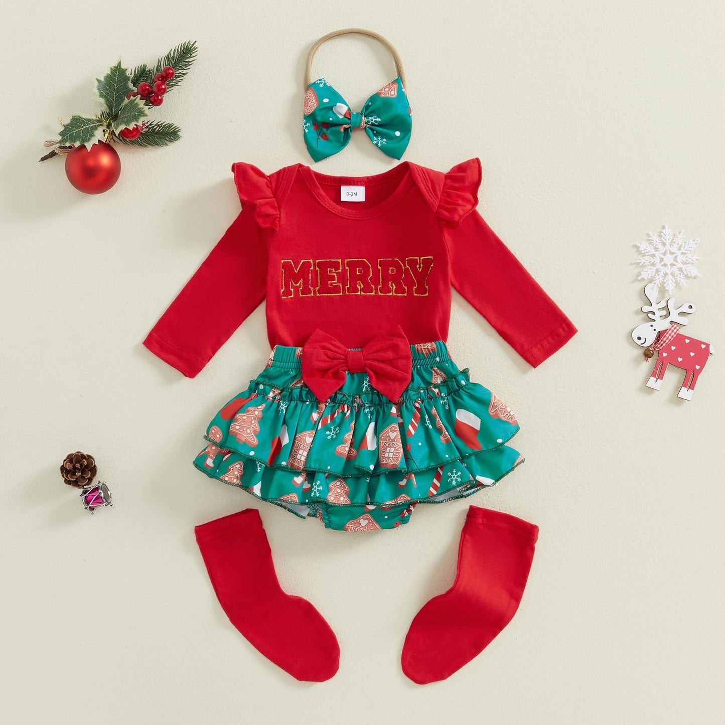 Beqeuewll Baby Girl Christmas Outfits Letter Embroidery Long Sleeve Romper With Ruffled Shorts And Headband Socks 4Pcs Set (Merr