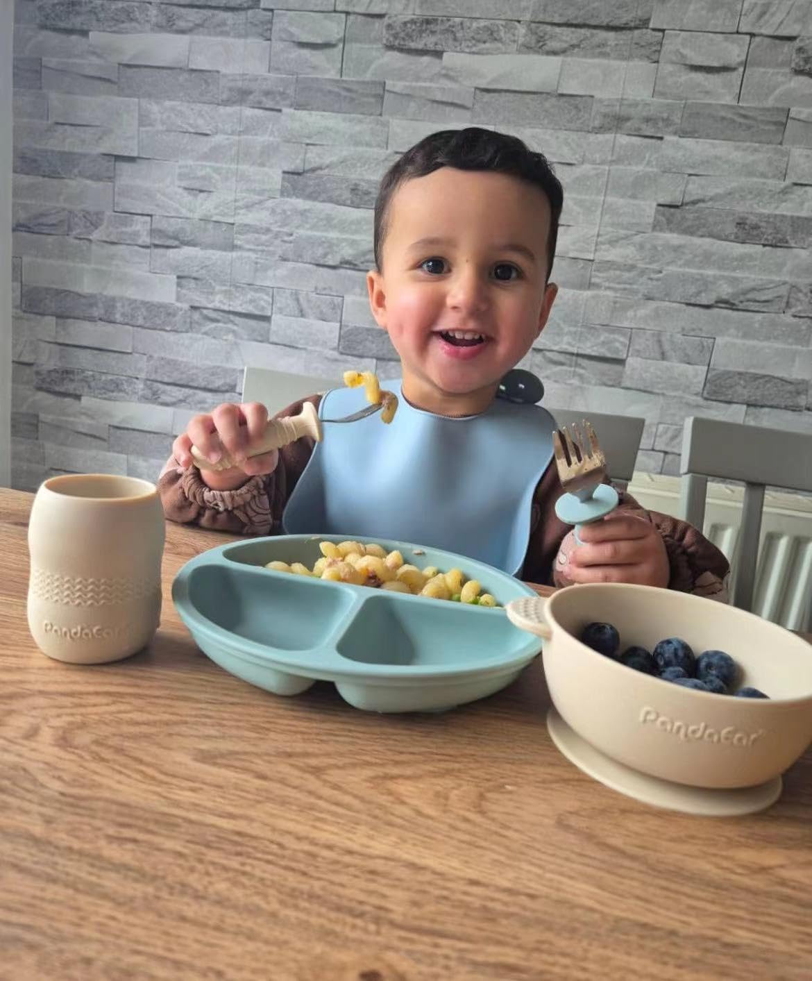Pandaear Silicone Baby Feeding Set| 2 Divided Suction Plate + 2 Suction Bowl + 2 Tiny Cup With 2 Spoons| Baby Led Weaning Suppli