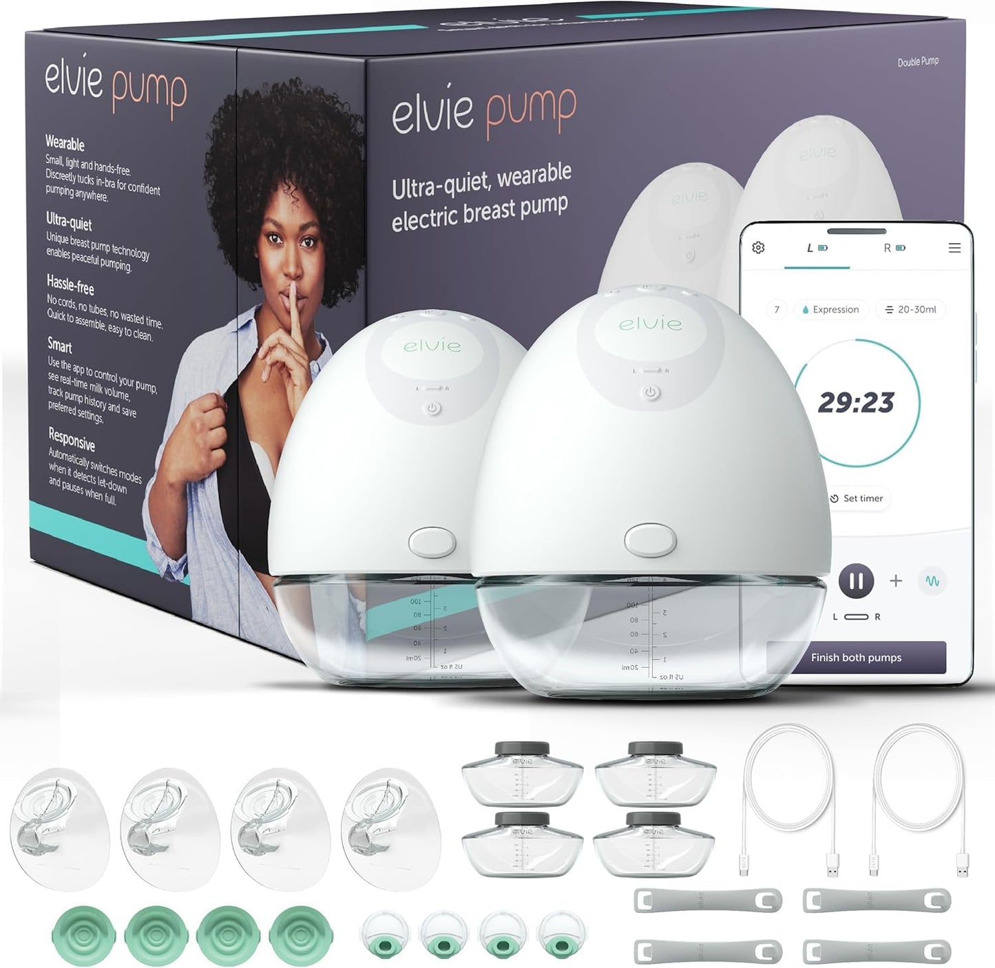 Elvie - Double, Wearable Breast Pump w/App - The Smallest & Quietest - Portable - Hands Free & Discreet - Automated with Four Pe