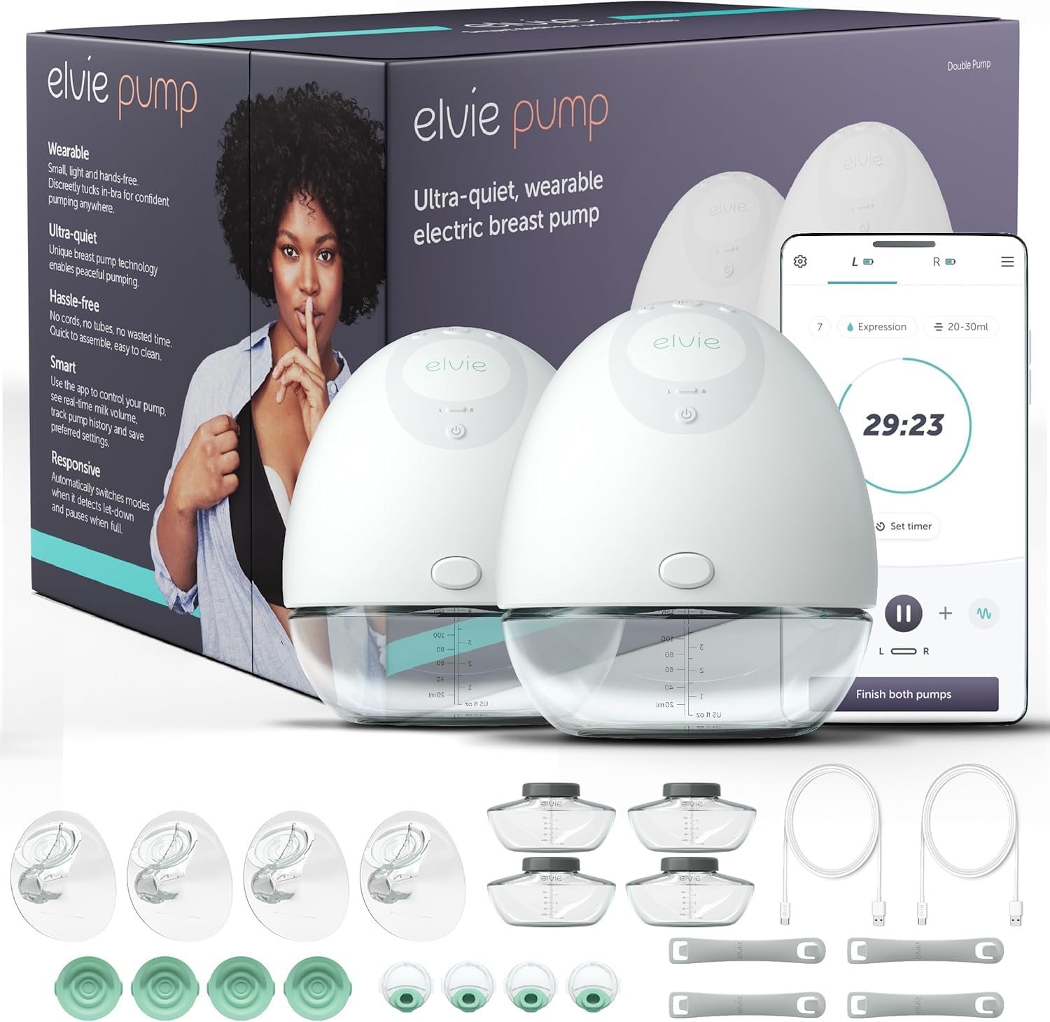 Elvie - Double, Wearable Breast Pump w/App - The Smallest & Quietest - Portable - Hands Free & Discreet - Automated with Four Pe