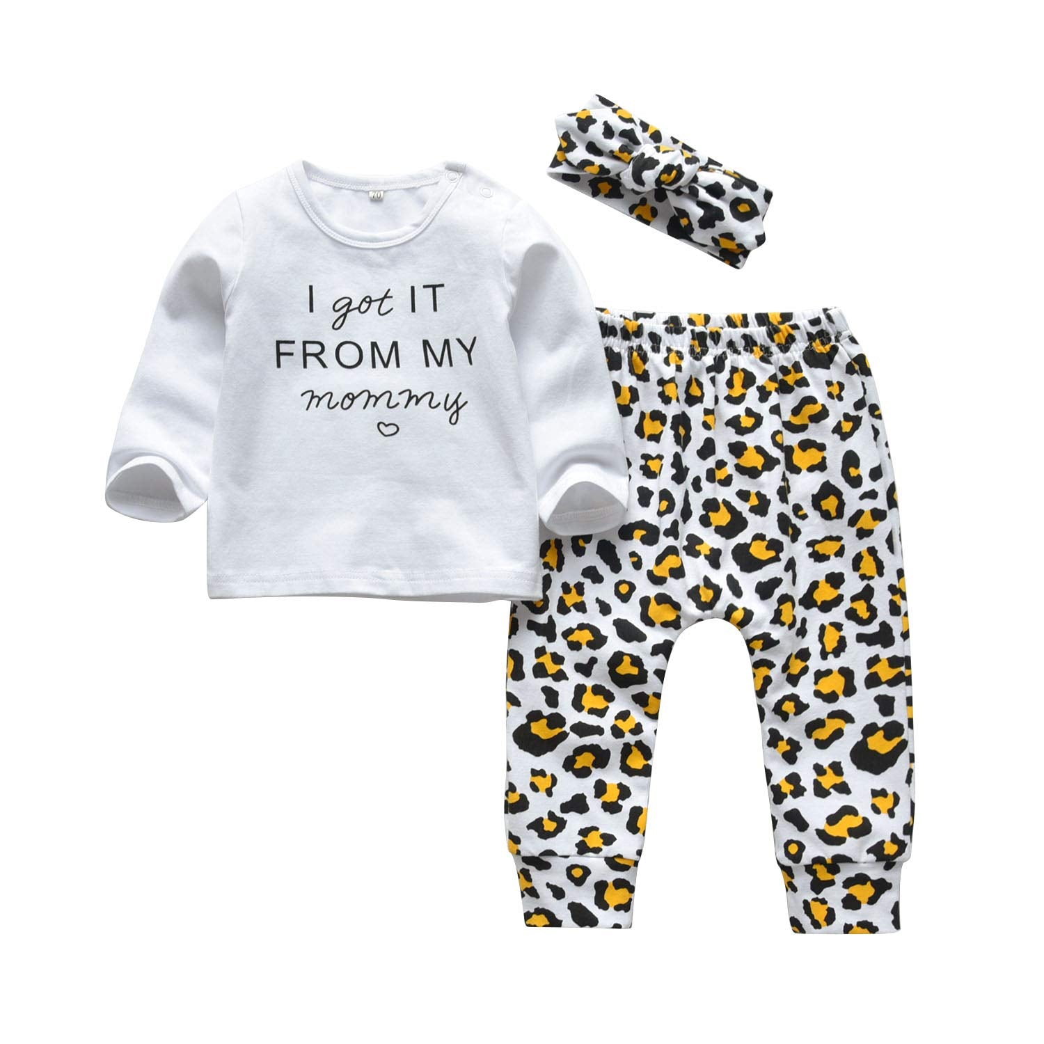 Kukitty 3Pcs Baby Girl Outfits Set I Got It From My Mommy Long Sleeve T-Shirt Tops Printed Pants With Headband (0-6 Months)