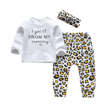 Kukitty 3Pcs Baby Girl Outfits Set I Got It From My Mommy Long Sleeve T-Shirt Tops Printed Pants With Headband (0-6 Months)