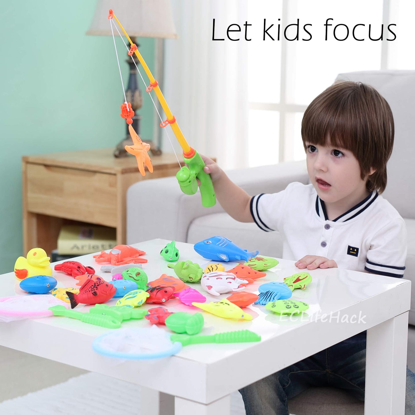 CozyBomB Magnetic Fishing Toys Game Set for Kids | Water Table Bathtub Kiddie Pool Party with Pole Rod Net, Plastic Floating Fis