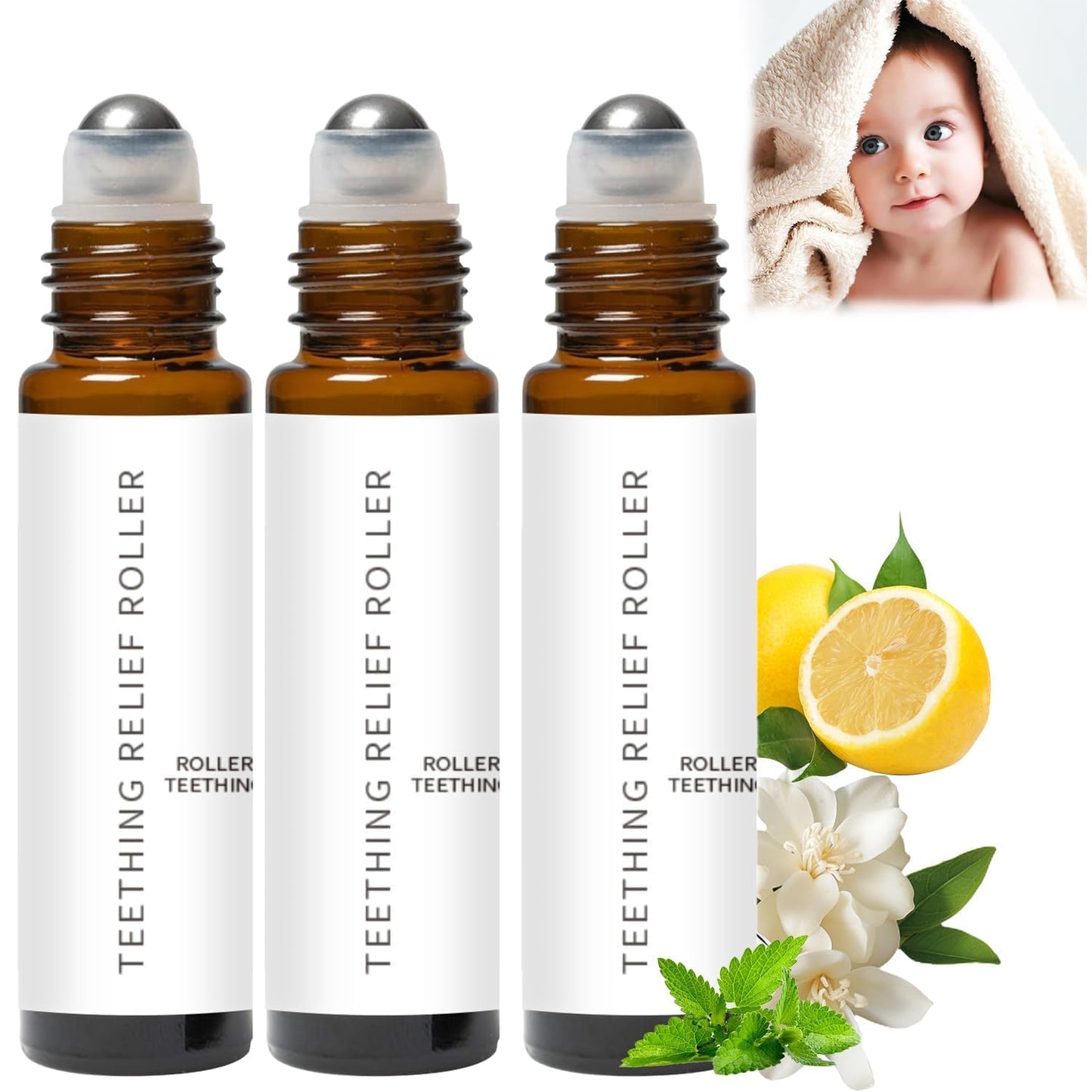 Teething Roller All Natural For Babies, A Thousand Roses Teething Roller Oil,Velaria Natural Pain Relief Roller (3Pcs)