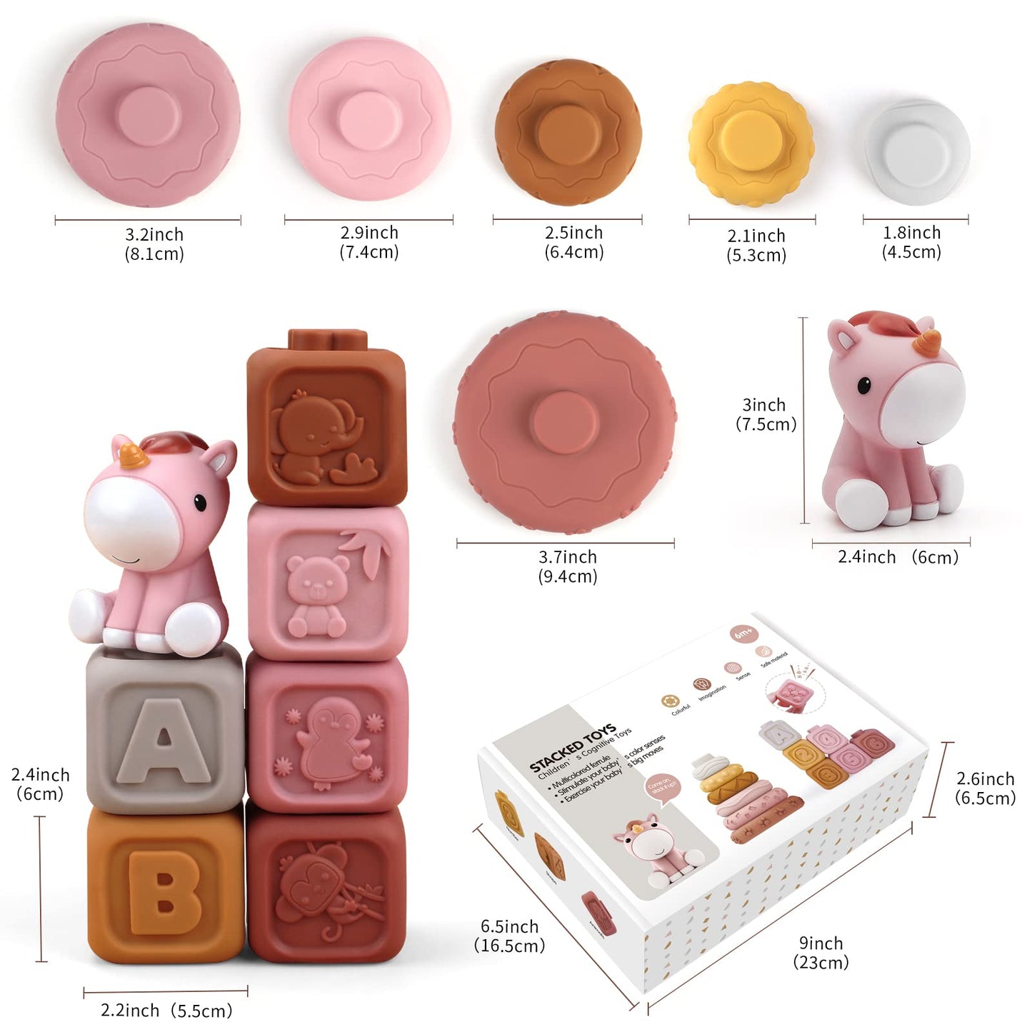 Nueplay 13 Pcs Building Circle & Blocks, Stacking & Nesting Baby Toys with Horse Figure, Newborn Essentials Squeeze Teething Toy