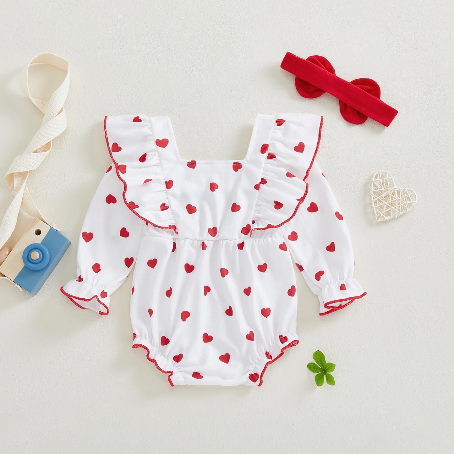 Dcohmch Baby Girls Valentines Day Outfit Heart Print Bow Ruffles Long Sleeve Romper Cute Headband Newborn Clothes (Red, 3-6 Mont