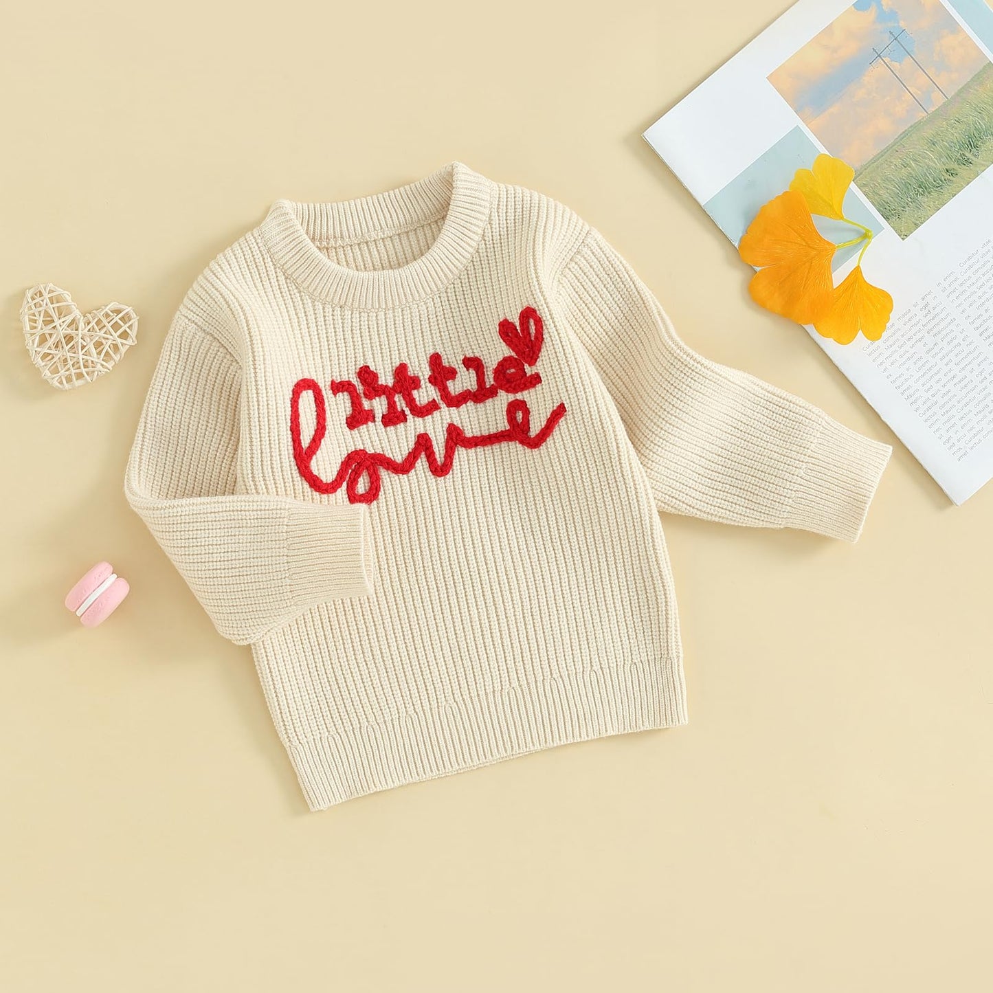 My First Valentines Day Baby Girl Outfit Baby Valentines Day Sweater Love Embroidery Knit Pullover Sweatshirt Top(E-Beige Little