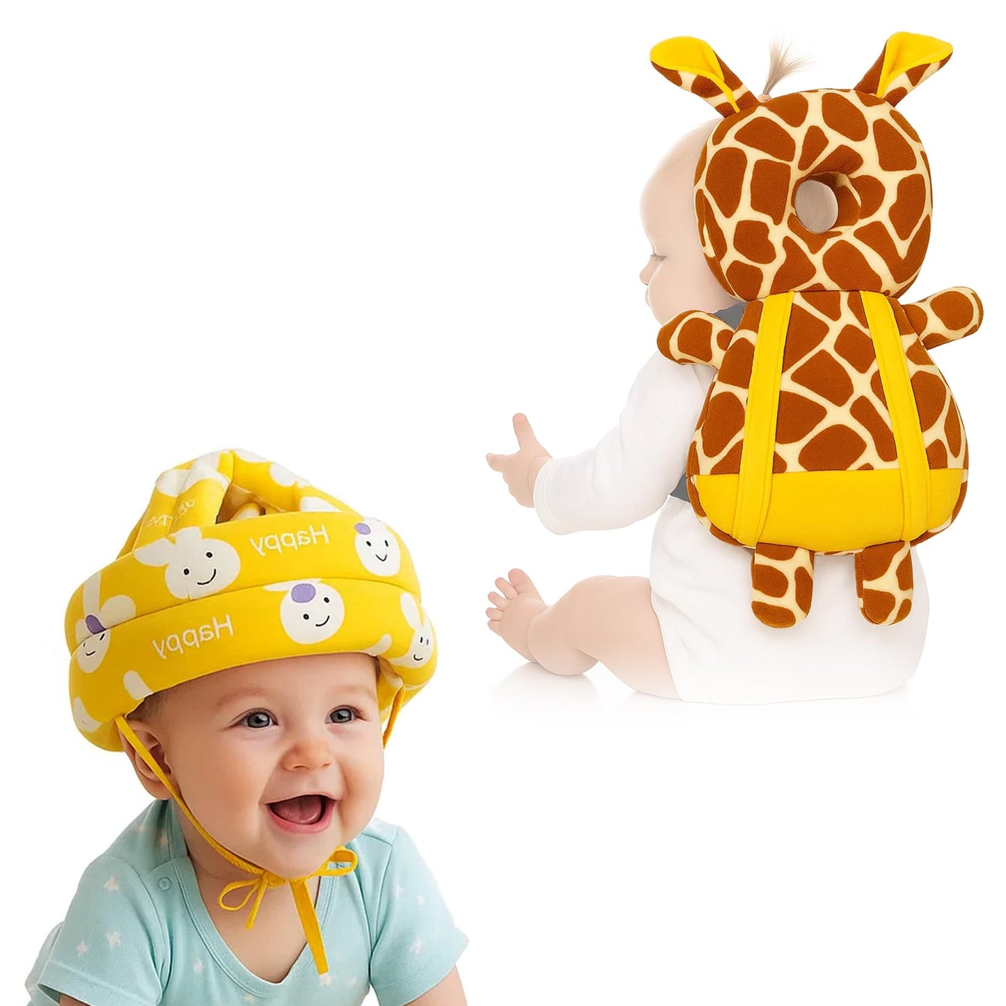Glun Baby Back Protector With Head Protective Hat Combo Set, Cute Giraffe Shape Soft Cushioning, Adjustable Shoulder Belt, Head 