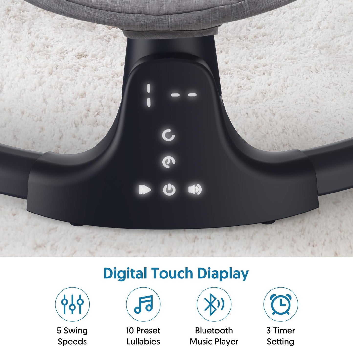 Bluetooth Baby Swing For Infants, Compact & Portable Baby Rocker, 3 Seat Positions, 5 Swing Speed, 10 Lullabies, Remote Control,