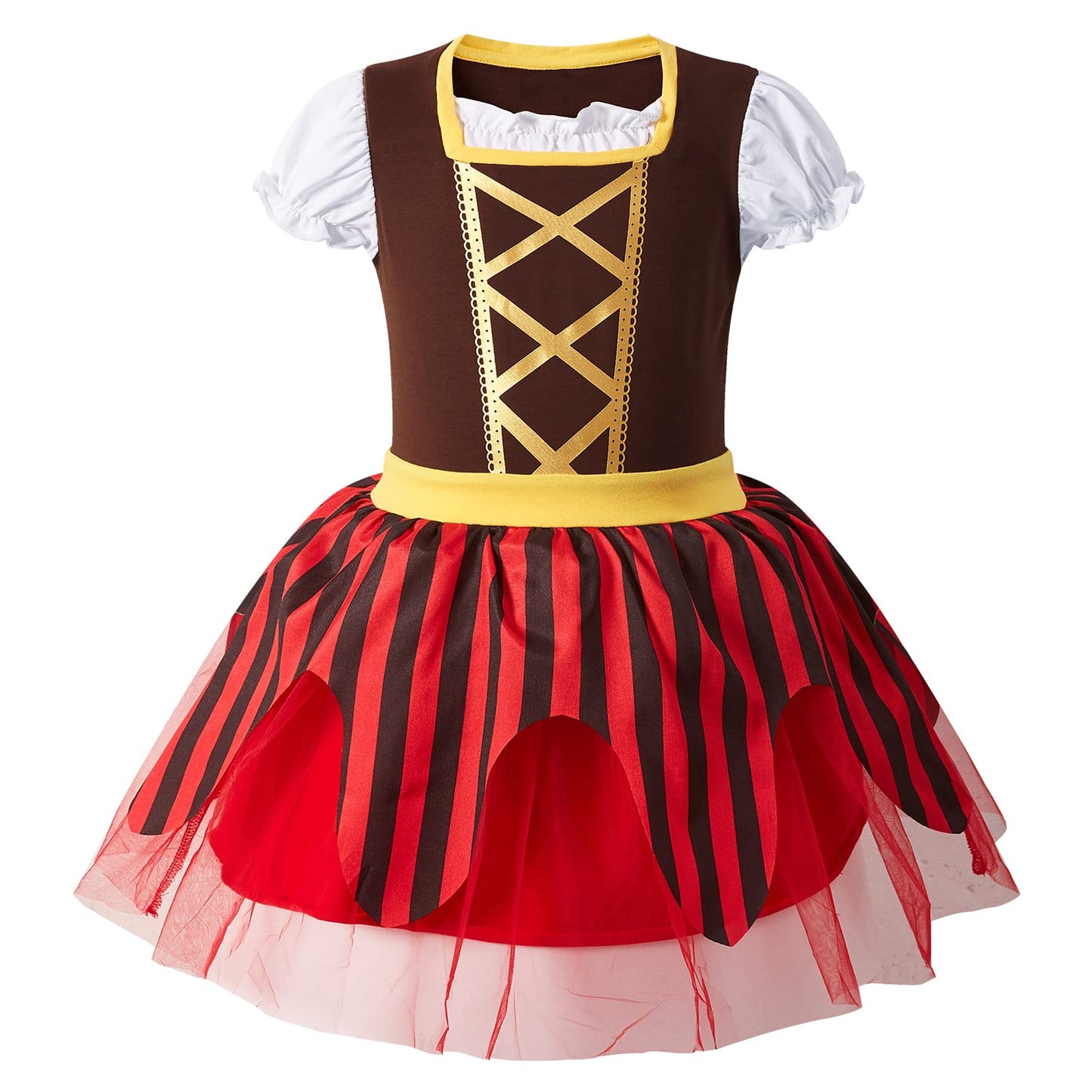 Auggle 3Pc Toddler Baby Girl Outfits Halloween Costume Stripe Skirt Kid Pirate Puff Sleeve Dress With Head Scarf (12-18Months)