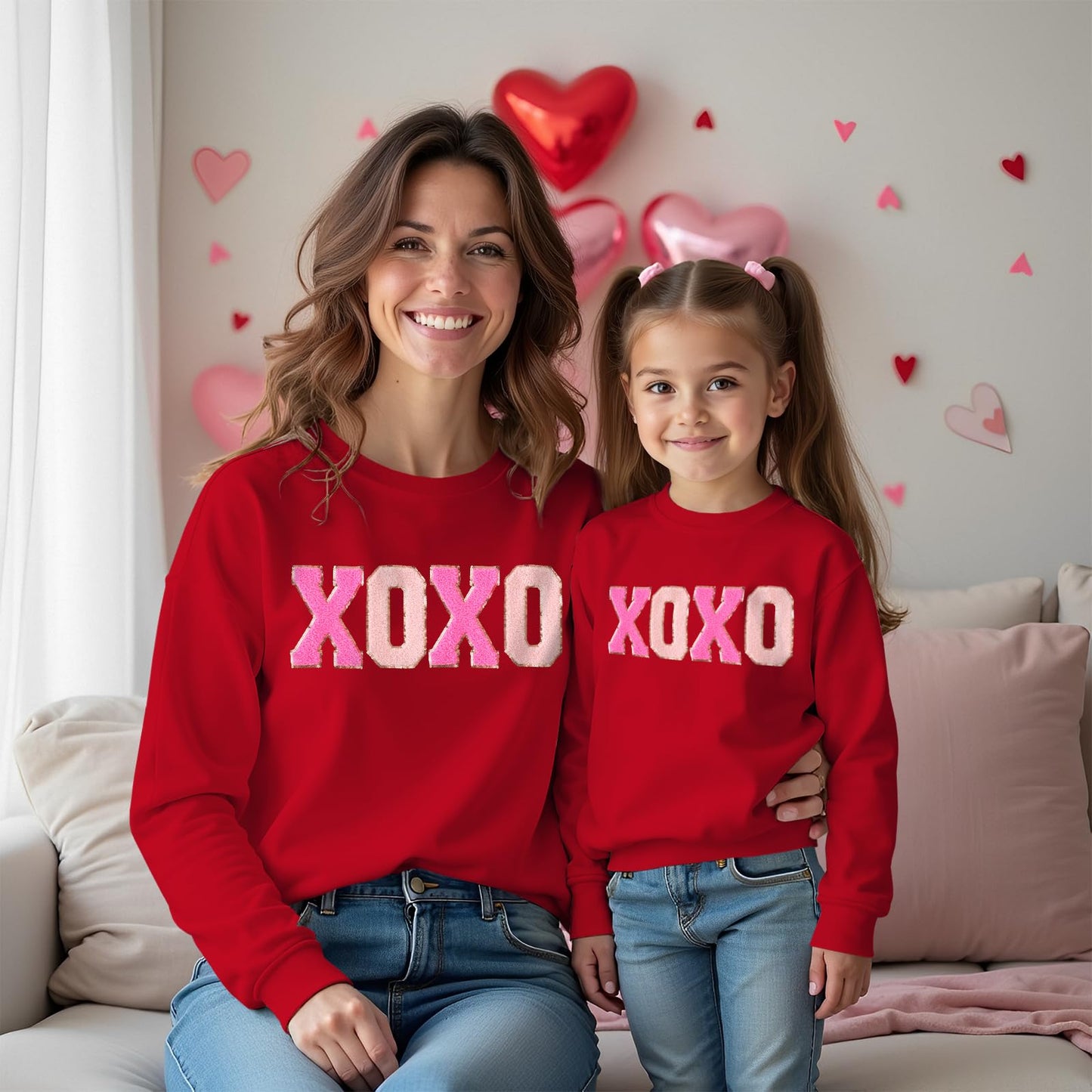 Ag Aguu Mommy And Me Valentines Day Sweatshirts Glitter Patch Xoxo Shirts Family Matching Outfits Long Sleeve Pullover Top(Mom-R