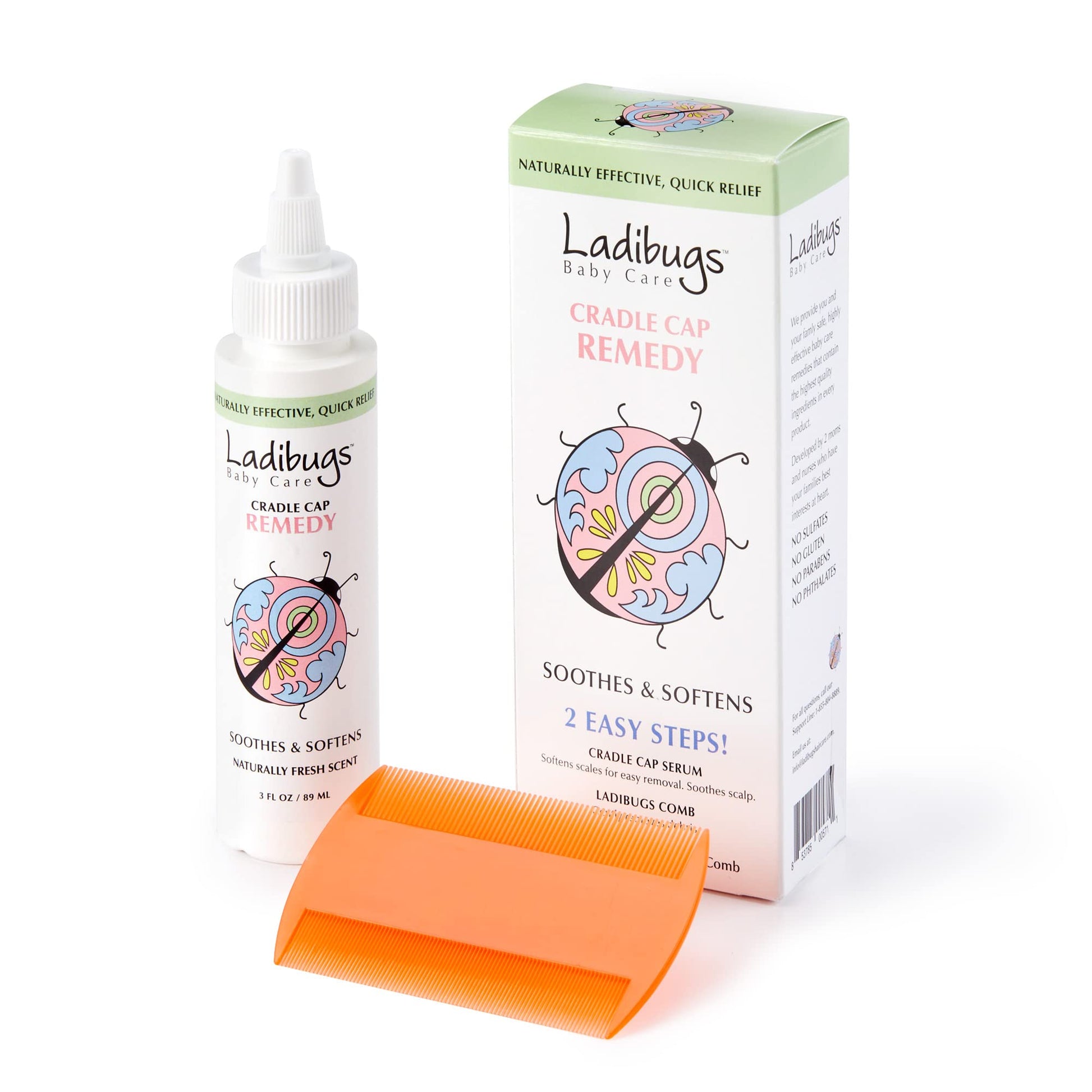 Ladibugs Cradle Cap Remedy Kit, 3oz | Includes Cradle Cap Serum & Fine-Toothed Comb | Effectively Removes Scales & Flakes | Soot