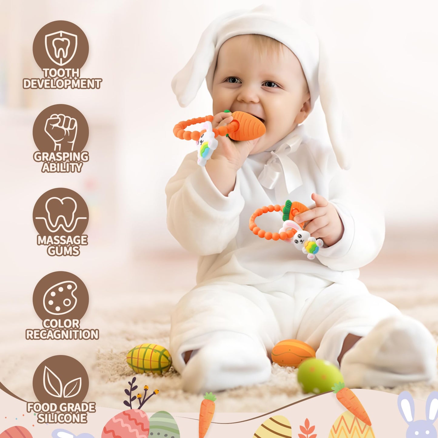 Easter Silicone Teething Toys, 3 Months+, Bunny & Carrot, Infant Baby Easter Basket Stuffers For Babies, Baby Teether Toy, Carro