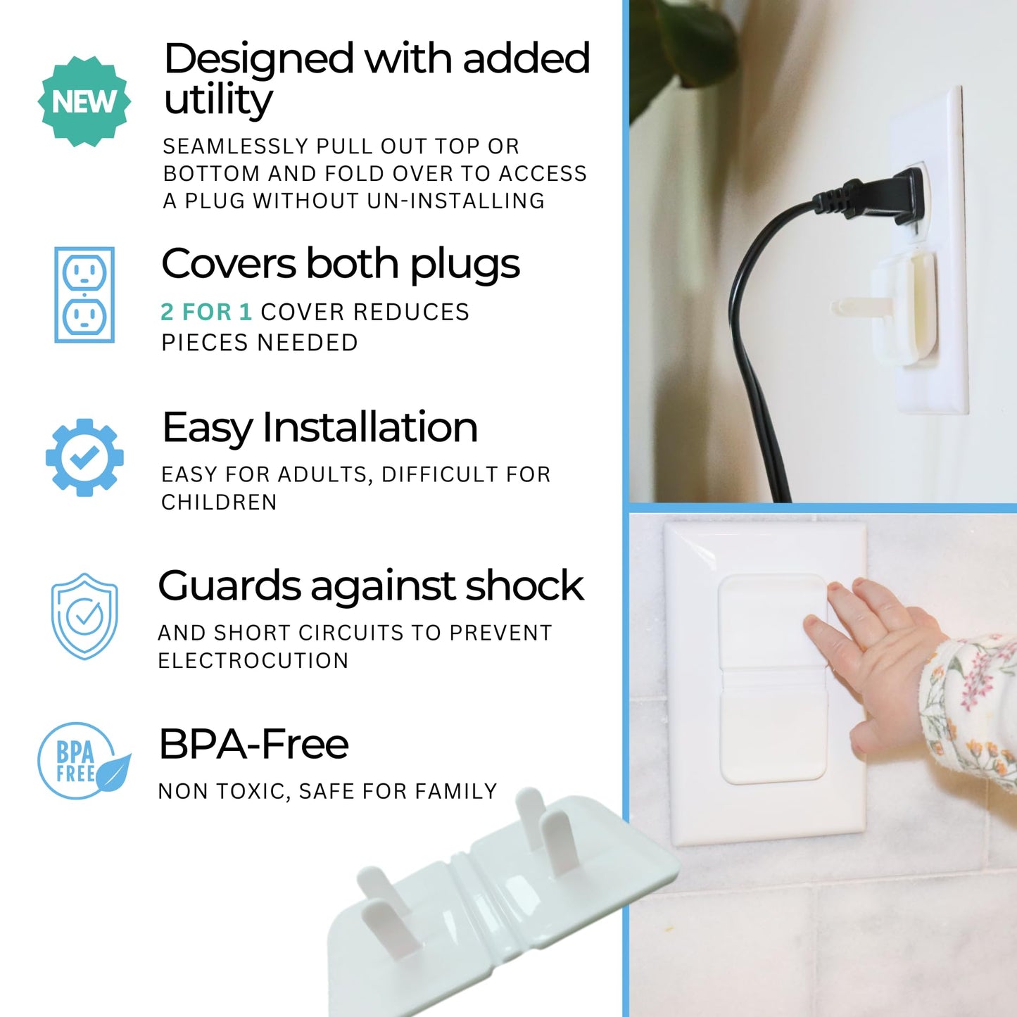 White Double Outlet Covers Baby Proofing (20 Pack, 40 Sockets) | Baby Proof Plug Covers For Electrical Outlets | Safe & Secure B