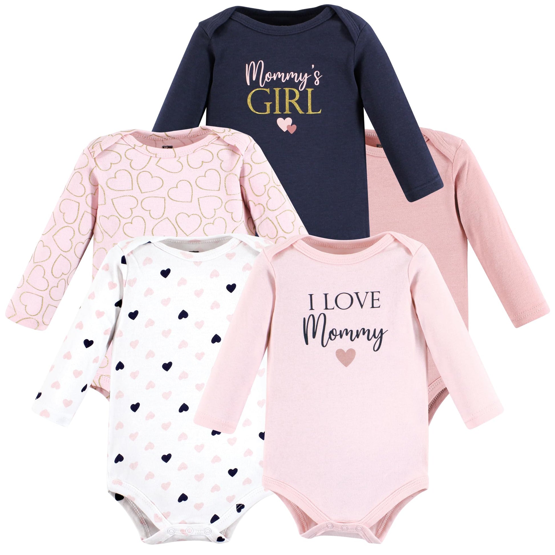 Hudson Baby Unisex Baby Cotton Long-Sleeve Bodysuits, Girl Mommy Pink Navy, 9-12 Months