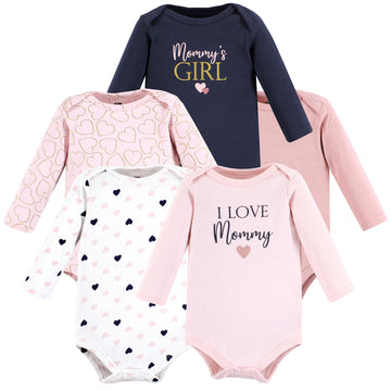 Hudson Baby Unisex Baby Cotton Long-Sleeve Bodysuits, Girl Mommy Pink Navy, 9-12 Months
