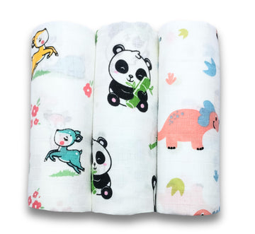 Momly U Cotton Baby Swaddle Set | Pack of 3 | Size100cm x 100cm Deer Panda Dinosaur Printed on White | 018 Month+ | Printed Mu