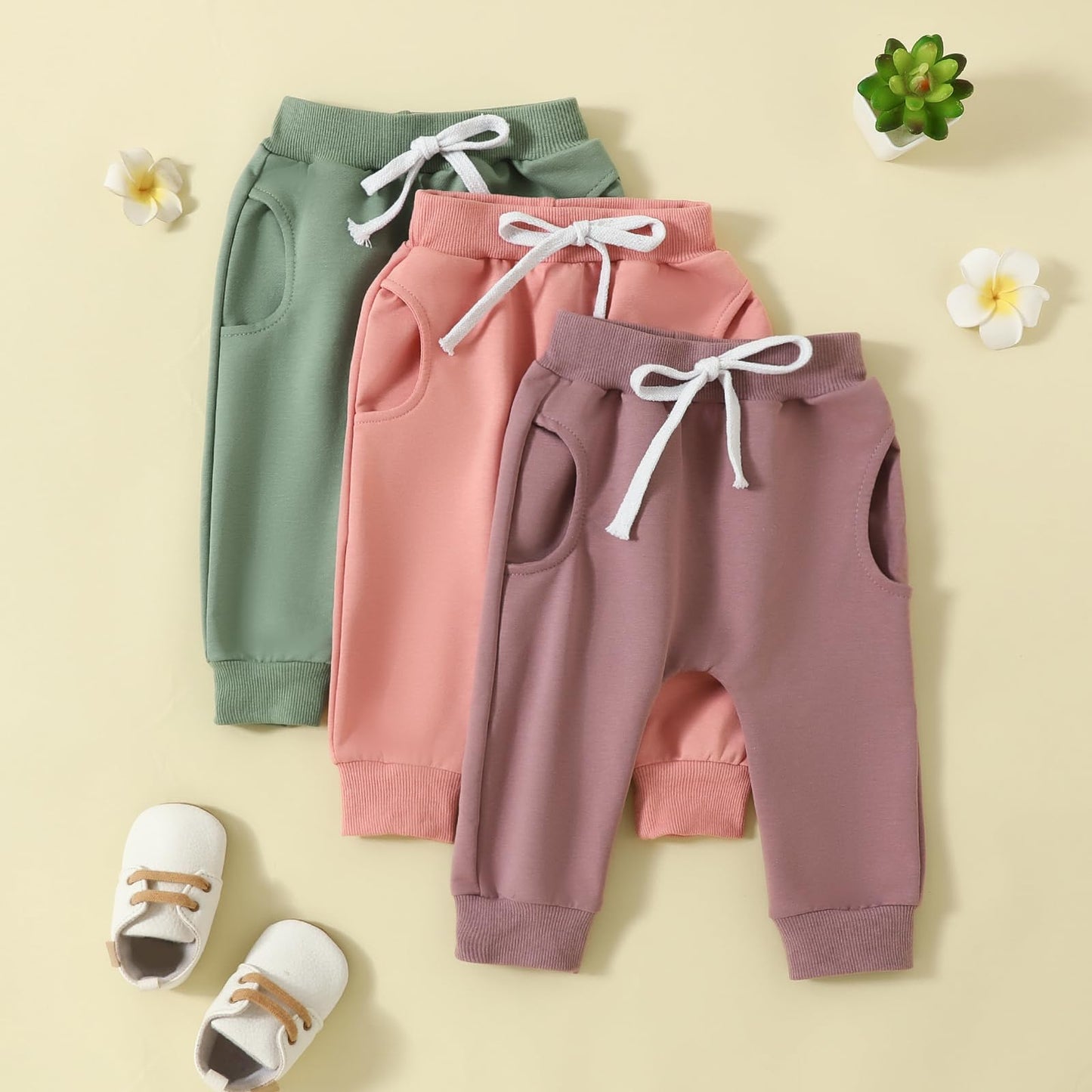 Yoawdats Baby Boys' & Girls' 3-Pack Jogger Pants - Classic Fit, Elastic Waist - Toddler To Infant Long Pants