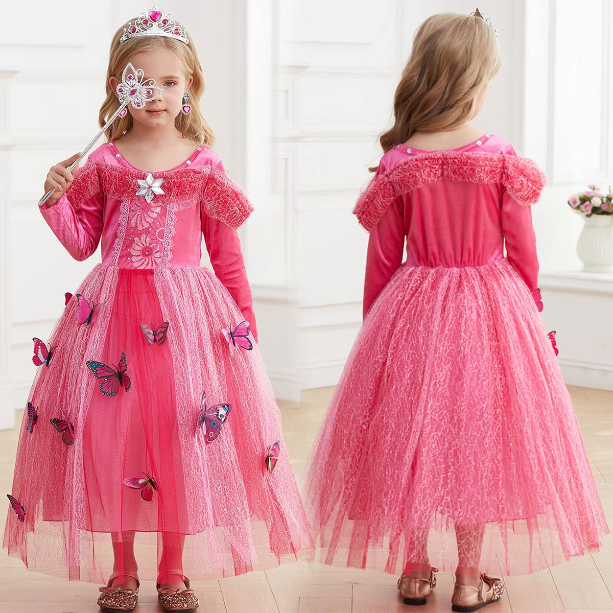 Itvti Girls Princess Fancy Dress Up Children Long Sleeve Halloween Party Costume, Pink, 5-6 Years (Label 130)