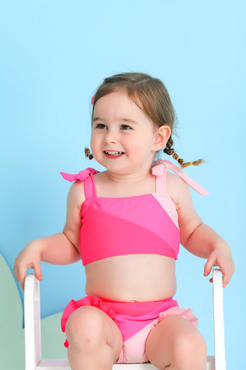 Younger Tree Toddler Girls Two Pieces Swimsuit Color Block Stripe Swimwear Summer Beach Bathing Suit (Pink 6-7T)