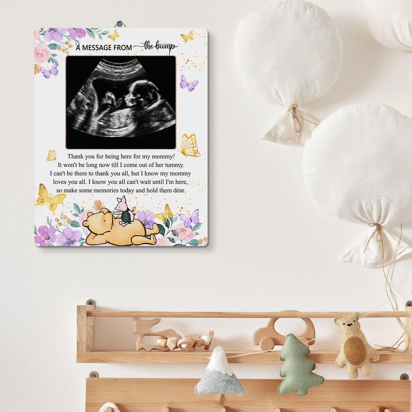 Hatzelou Classic Winnie Baby Shower Sign Picture Frame, A Message From The Bump Sonogram Picture Frame, Floral Butterfly Decor G