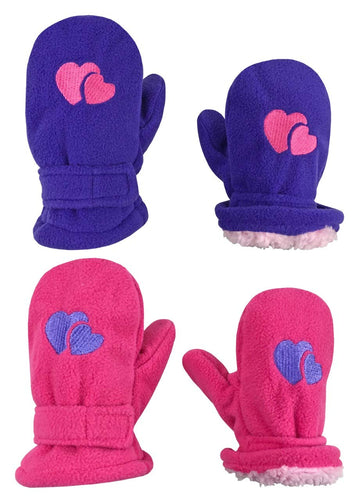 N'Ice Caps Little Kids And Baby Easy-On Sherpa Lined Fleece Mittens - 2 Pair Pack (Purple Hearts/Fuschia Hearts, 2-3 Years)