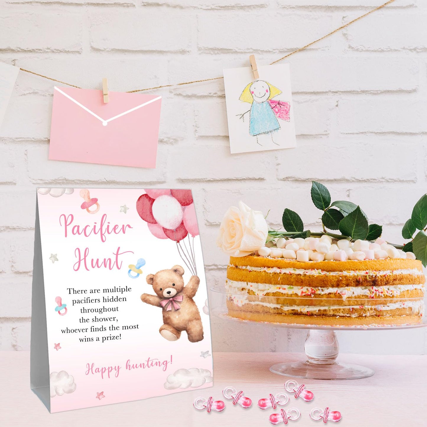 Guawubiang Winnie Pacifier Hunt Sign, Mini Pacifiers Baby Shower Game Set, 50Pcs Pooh Girl Baby Shower Game Decorations Set, Pin