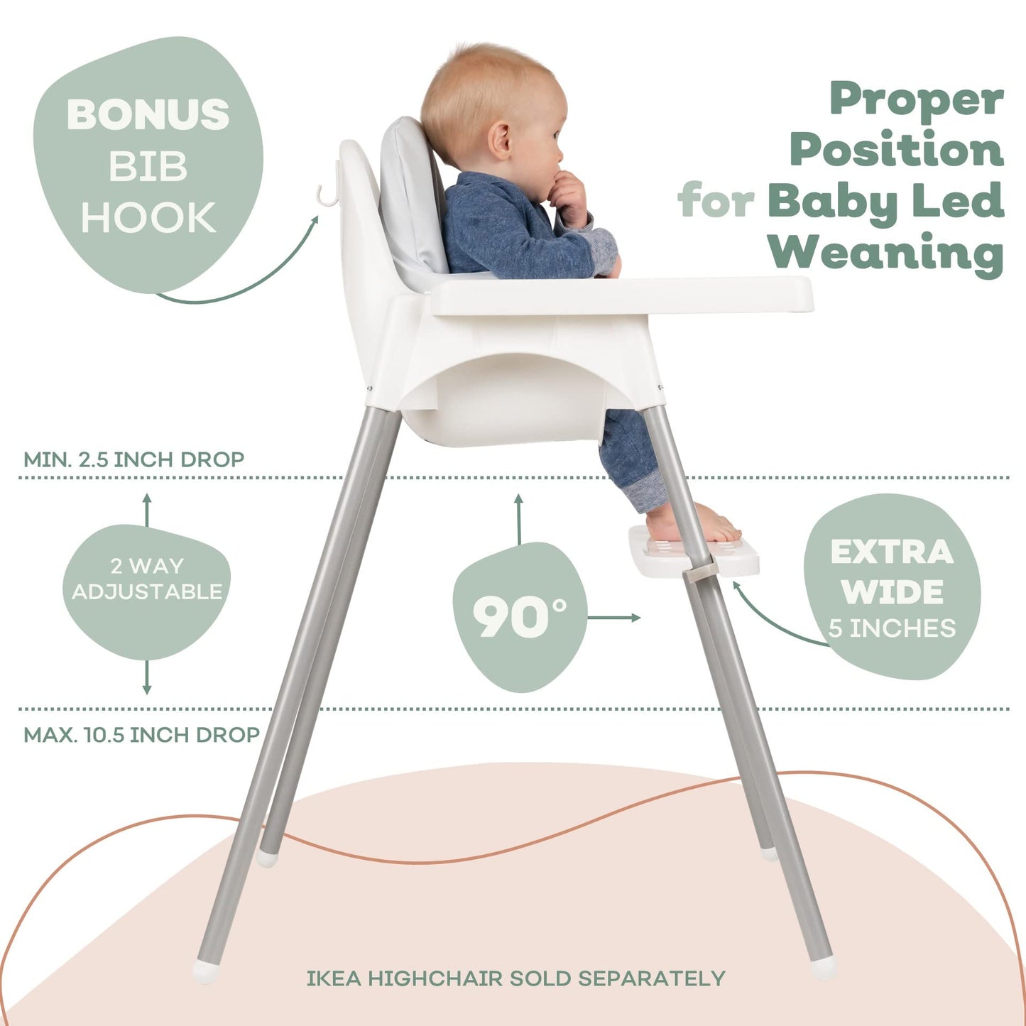White Ikea High Chair Foot Rest Only - Bib Hook Included - Sits Flat - Compatible With Antilop Highchair - Adjustable & Dishwash