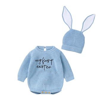 Amnnchya My First Easter Baby Girl Boy Outfit Newborn Knit Sweater Long Sleeve Oversized Pullover Sweatshirt Romper (Blue, 0-3 M