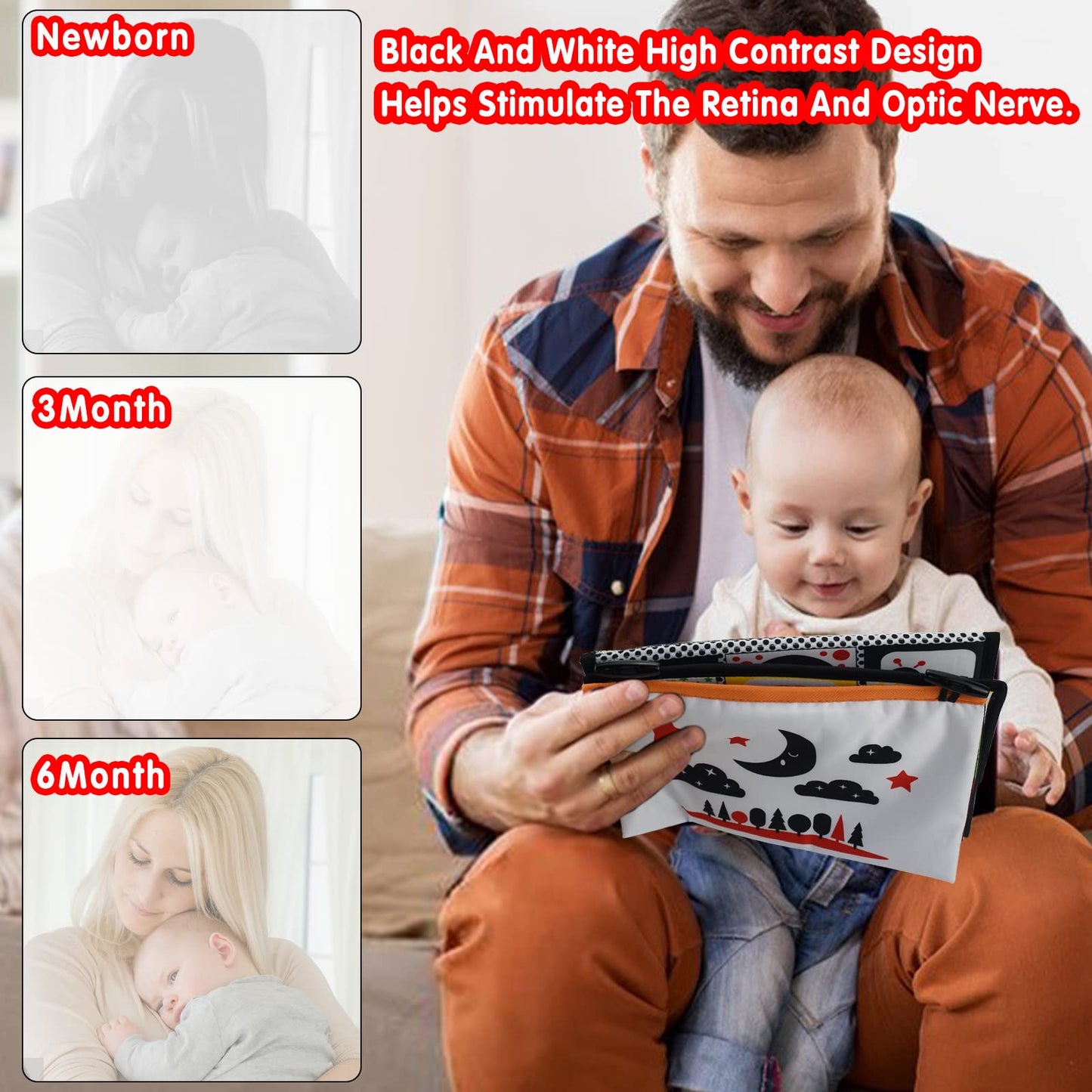 Dr.Rapeti Tummy Time Floor Mirror for Baby Infant Toddler Kids Black and White High Contrast Baby Toy with Crinkle Cloth Book Te