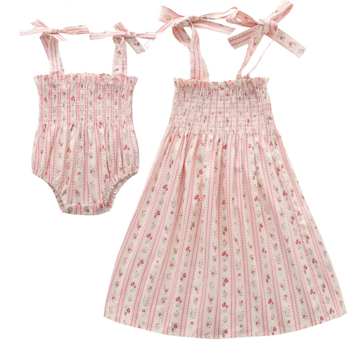 Tibe Pincess Baby Girls Rompers Dress Toddler Strap Smocked Summer Floral Boho Maxi Dresses Matching Outfits Sisters Dress Size