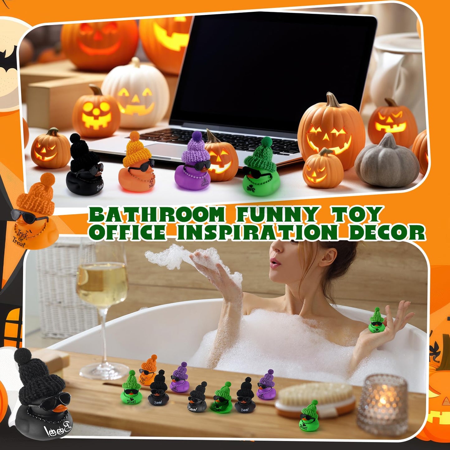 50 Pcs Halloween Rubber Duck for Bath Pool 2 Inch Boo Spooky Orange Purple Trick or Treat Sunglass Bath Duck 50 Card 50 Organza