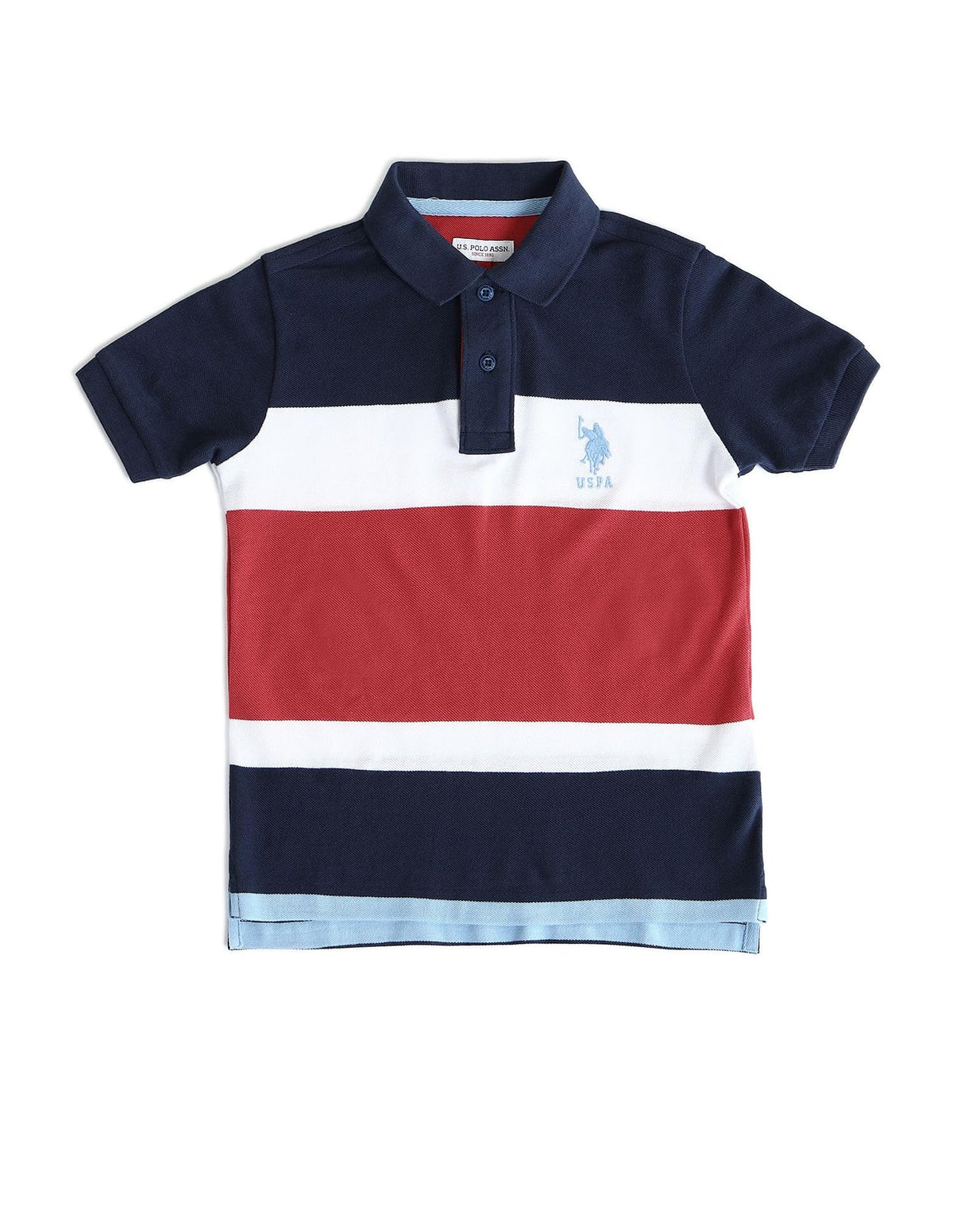 U.S. Polo Assn. Kids Kids Regular Fit Boys Cotton Colour Blocked Short Sleeves Polo TShirts (Uktshon0324_Blue_12M)