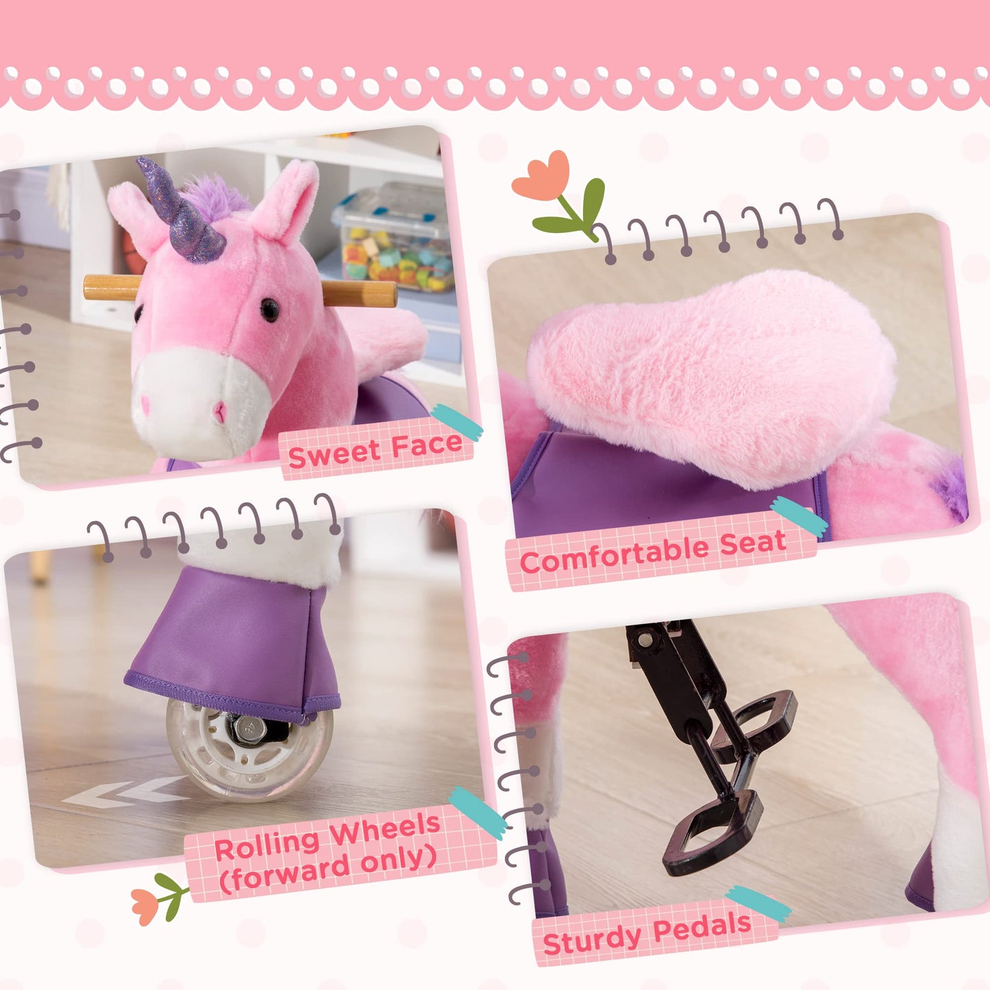 Qaba Ride On Real Walking Unicorn with Sparkly Horn, Soft Plush Ride On Rocking Horse Bearing 176lbs, Imaginative Interactive To