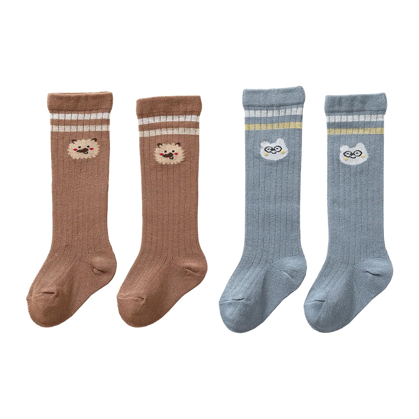 Syga 2 Pairs Baby Socks Set Long Length Cotton With Bear Design For Ages 01 Year (Dark Blue, Brown)