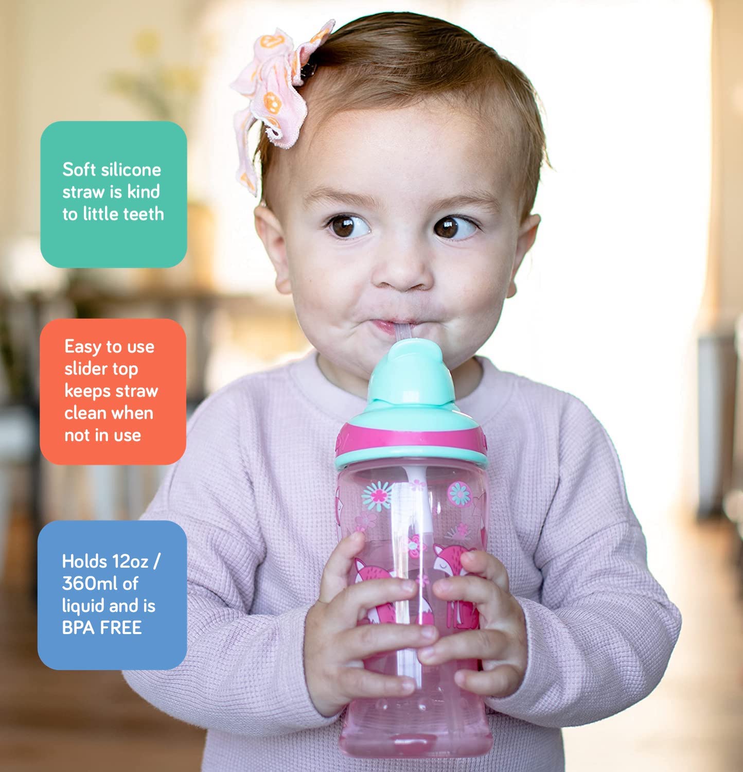 Nuby Thirsty Kids No-Spill Flip-It Printed Boost Cup With Thin Soft Straw - 12Oz, 18+ Months, 1 Pack Print May Vary