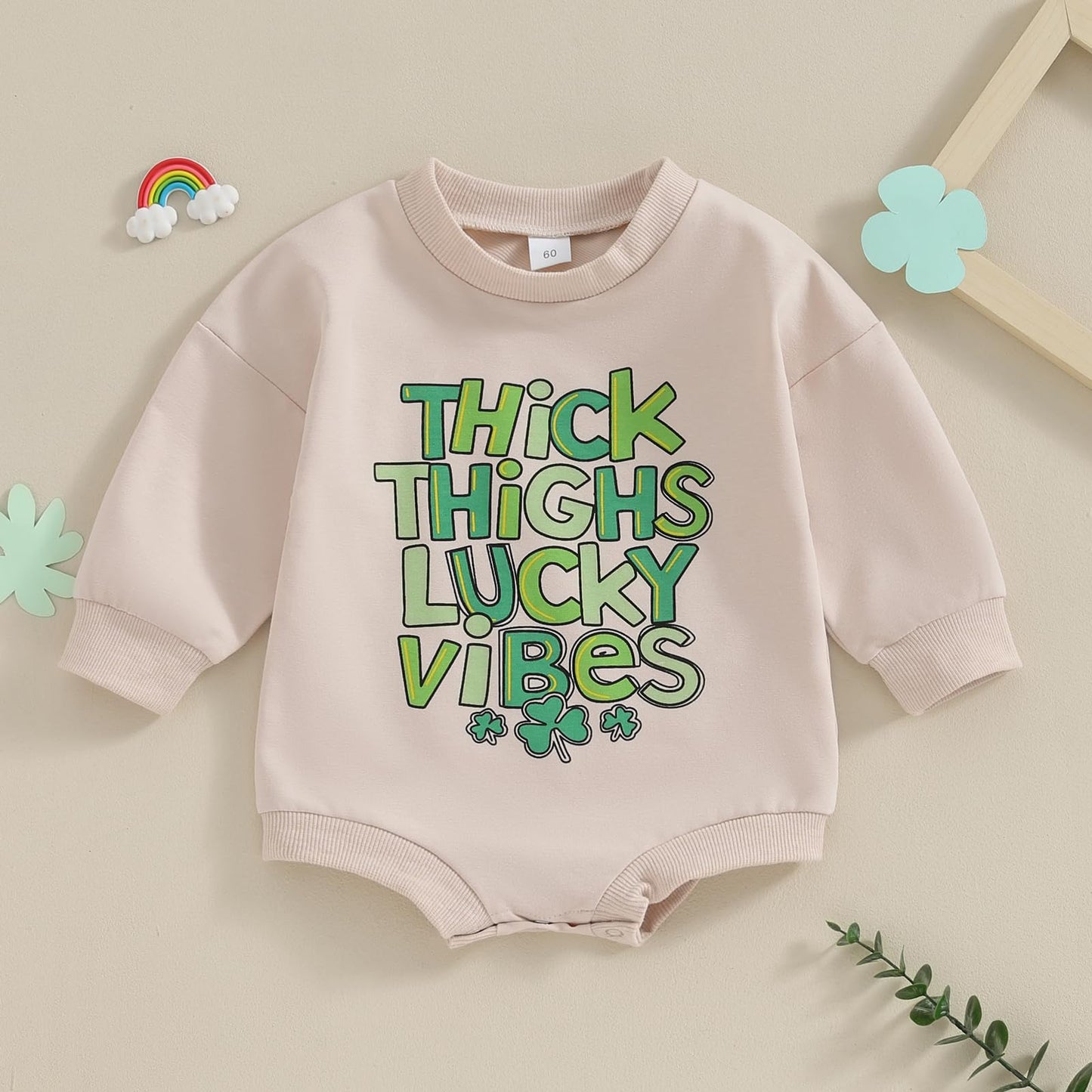 Newborn Baby Boy Girl St.Patrick'S Day Outfit Thick Thighs Lucky Vibes Print Bubble Sleeve Romper Oversized Sweatshirt (Beige, 6
