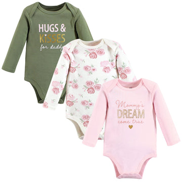 Hudson Baby Unisex Baby Cotton Long-Sleeve Bodysuits, Mom Dad Floral, 9-12 Months