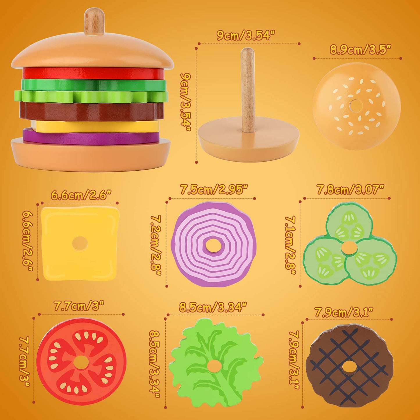 Aizweb Montessori, Stacking Toys- Wooden Burger for 3 Year Old Toddlers and Kids Preschool, Fine Motor Skill Educational Learnin