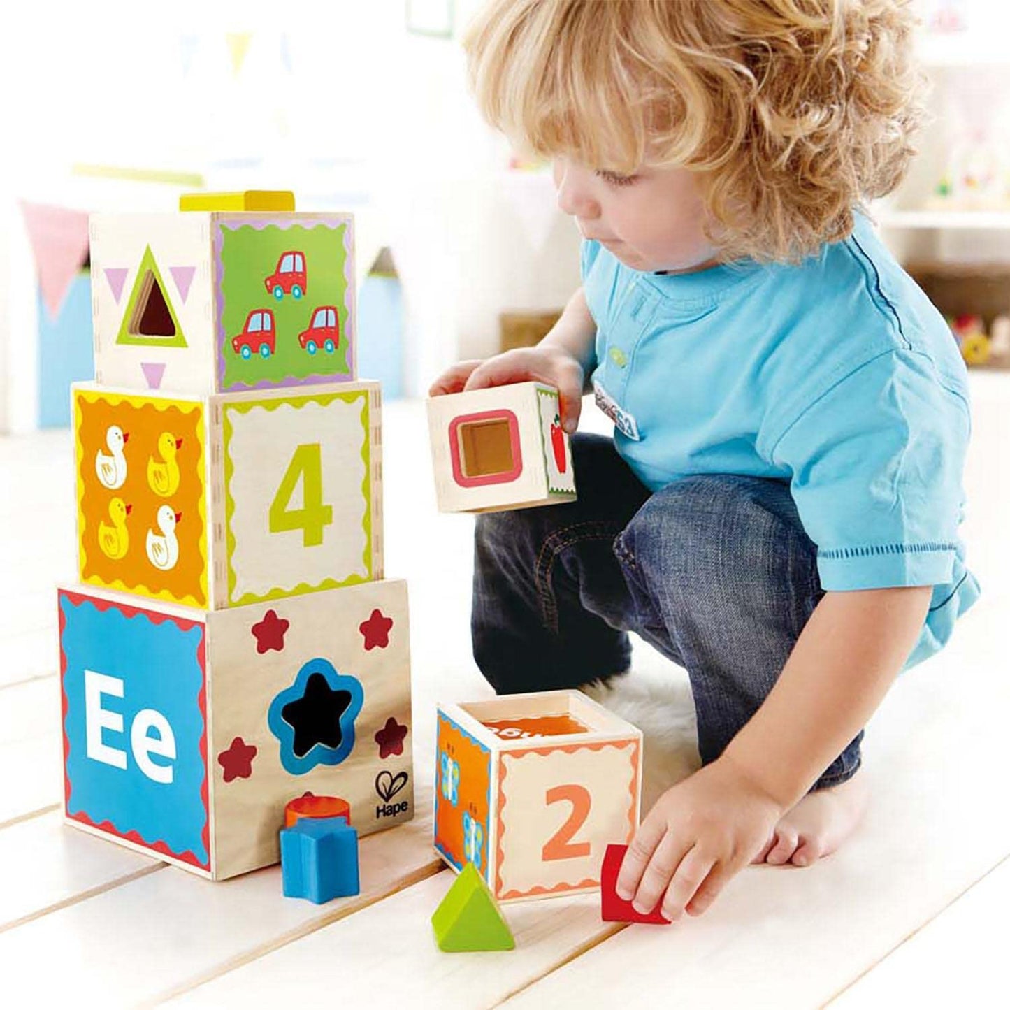 Hape Pyramid of Play Wooden Toddler Wooden Nesting Blocks Set, L: 5.5, W: 5.5, H: 5.5 inch