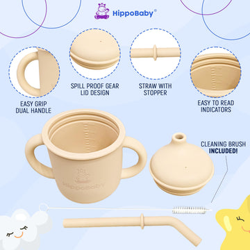 Hippobaby Silicone Transition Sippy Cup For 6+ Month Old | Includes 1 Toddler Straw Cup & 1 Baby Sippy Cup With Handles | Baby S