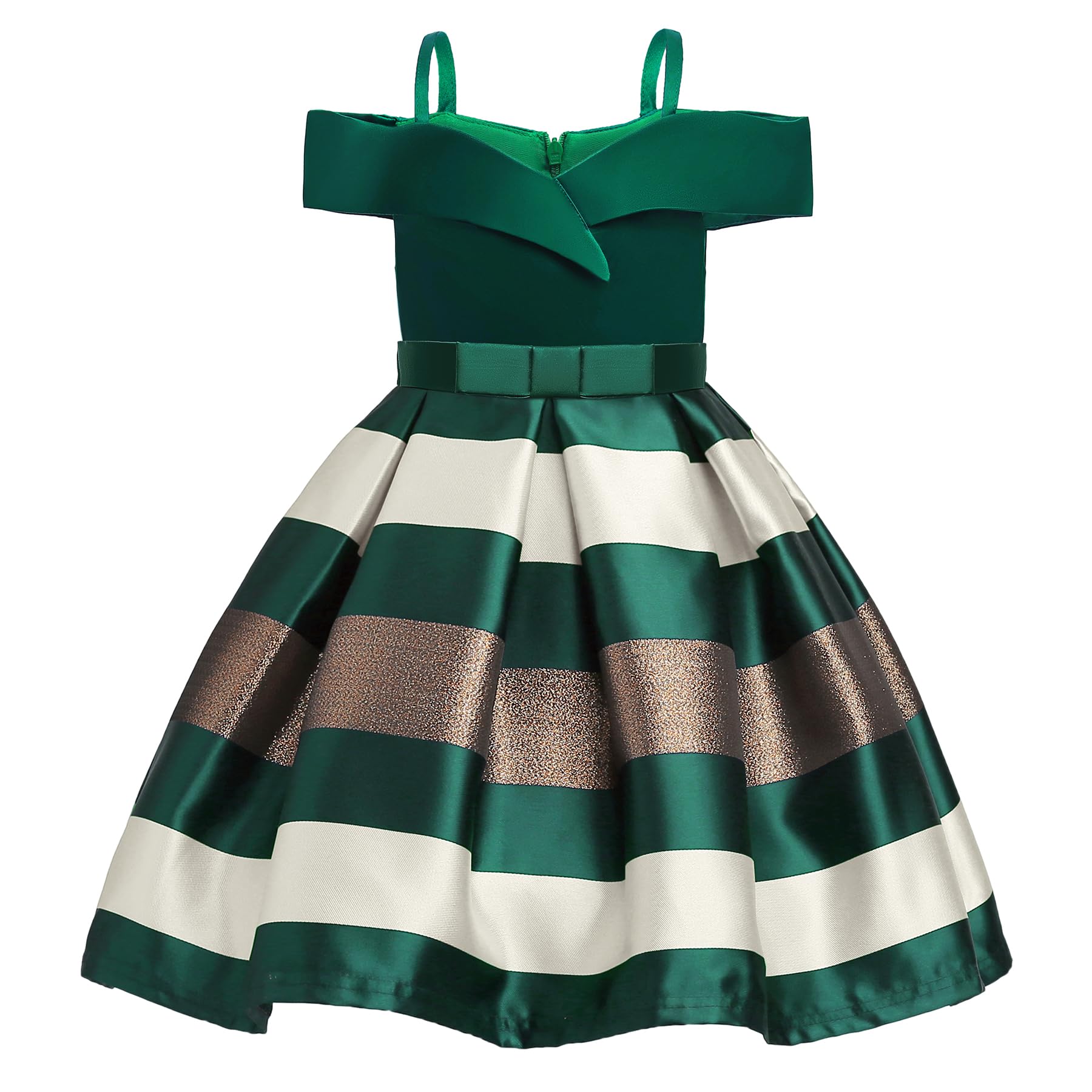 Nssmwttc Girls Off Shoulder Dress Kids Christmas Sunday Halloween Baptism Christening Ball Gown Stripe Dresses (Green,140)