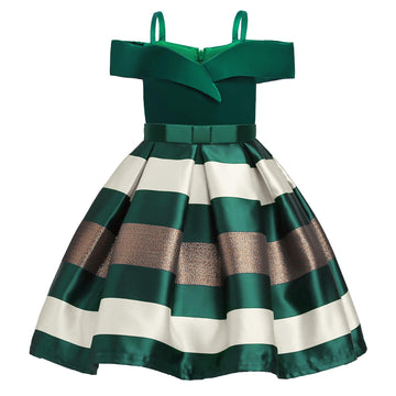 Nssmwttc Girls Off Shoulder Dress Kids Christmas Sunday Halloween Baptism Christening Ball Gown Stripe Dresses (Green,140)