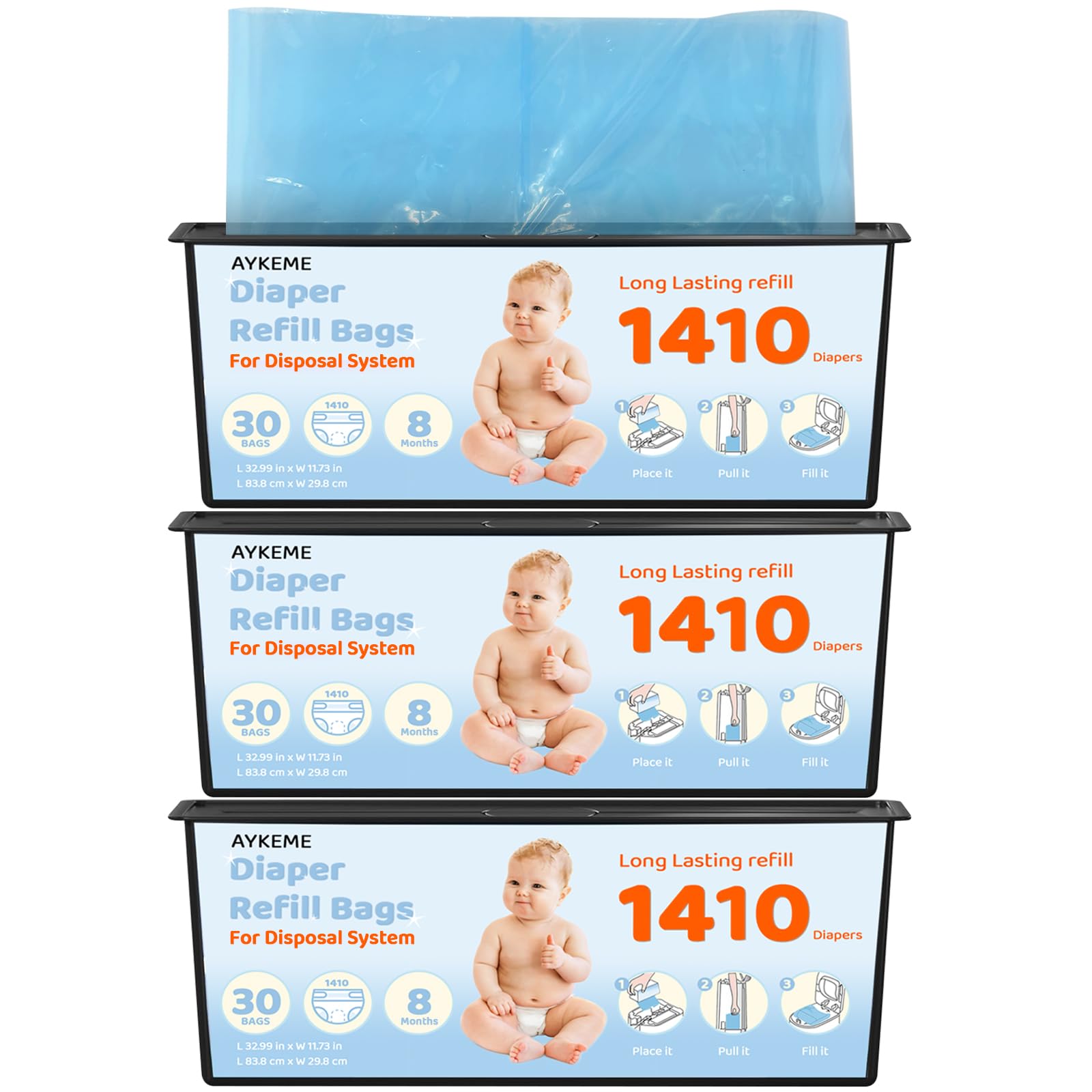90 Bags Diaper Pail Refills Bags Compatible with Genie Easy Roll Signature & Platium Diaper Pails | 7-Layer OdorLock Technology 