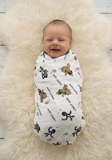 Celina Polka Baby Muslin Swaddle Blanket, Monkey Print, White and Blue, 100cm x 100cm, 06 Months, Super Soft, Skin Friendly