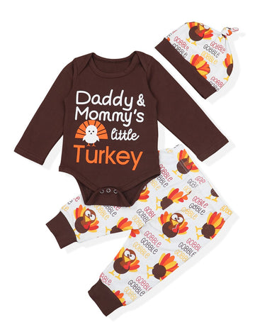 Oklady Baby Thanksgiving Outfit Newborn Boy Girl Letter Print Romper Turkey Print Pant With Hat Clothes Set(0-3 Months)