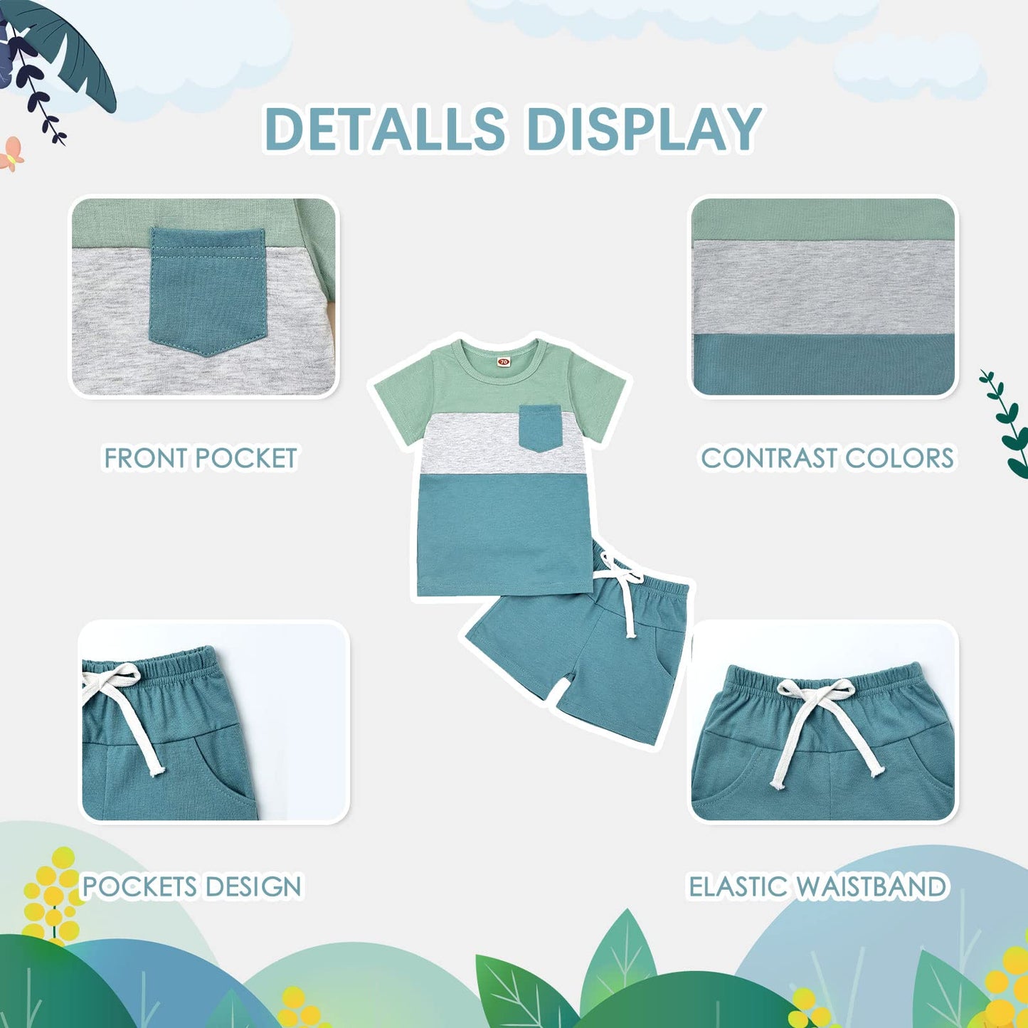 12-18 Month Boy Clothes Toddler Boys Summer Outfits Short Sleeve Patchwork T-Shirt & Solid Shorts Clothing Set 2 Piece, Light Bl