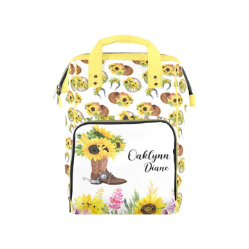 Noverbibi Custom Diaper Bag for Baby Girl - Sunflower Cowgirl Personalized Nursing Bag with Name - Mommy Daypack Tote